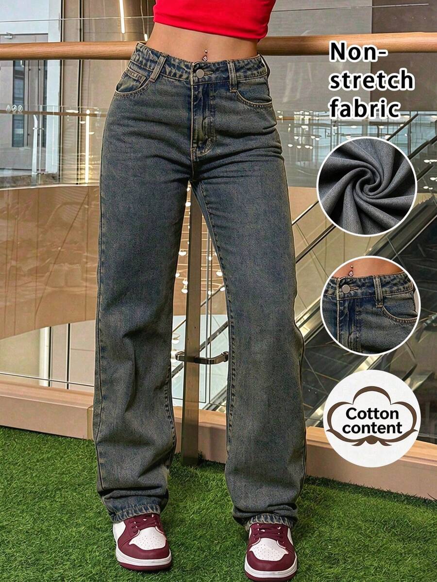 Pantalones vaqueros rectos casuales y versátiles para mujer con bolsillos para primavera y otoño