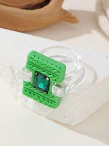 Y2K Style Green Colorblock Ring Set, Personalized Glitter Heart & Square Wide Band Stackable Rings - Multicolor - View 9