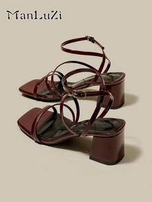 ManLuZi Women's Burgundy Strappy Peep Toe Platform Chunky Heel Sandals, Lace-Up Summer Shoes - Burgundy - View 1