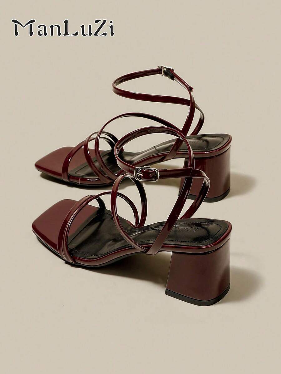ManLuZi Women's Burgundy Strappy Peep Toe Platform Chunky Heel Sandals, Lace-Up Summer Shoes - Burgundy - View 1