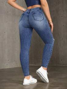 Jeans Skinny Pinggang Tinggi Elegan, Panjang, Elastisitas Sedang, Kancing Depan, Tanpa Lengan, Model Musim Gugur - Biru - View 5