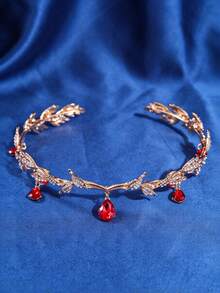 1 vương miện công chúa đính đá rhinestone màu vàng phong cách rừng, trang trí trán hình giọt nước, phụ kiện đám cưới và sinh nhật - Đỏ - Xem 3