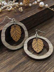 1 Pair Hollow Wooden Ring Leaf Earrings, Vintage Wooden Leaf Earrings - Brown - View 4