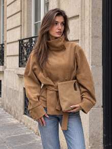 Women's Autumn/Winter Faux Suede Lace-Up Stand Collar Loose Jacket - Camel - View 2