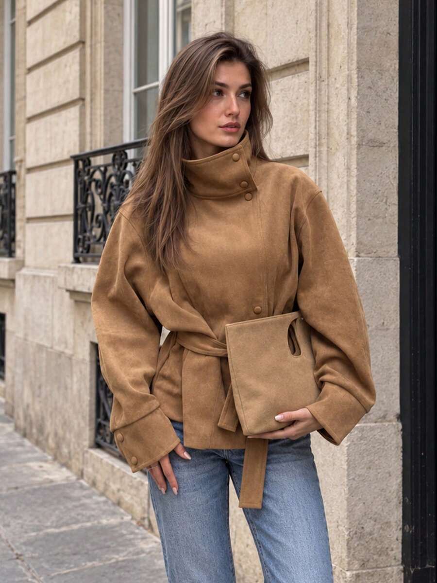 Women's Autumn/Winter Faux Suede Lace-Up Stand Collar Loose Jacket