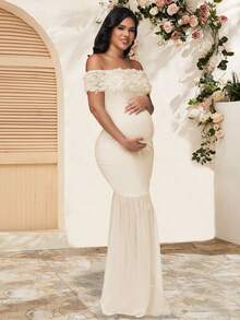 JustVH Maternity Floral Cold Shoulder Dress, Elegant Chiffon Slit Hem Gown, Suitable For Baby Shower Photos - Apricot - View 5