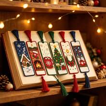 6pcs Christmas Print Cross Stitch Bookmark Set, 11CT 3-Strand Thread Handmade Kit, Includes Tree, Bell, Christmas Stocking Patterns, Optional Tools, Suitable For Beginners, Back To School Gift For Teachers, Classmates, Friends, Home Decor - Multicolor - View 4