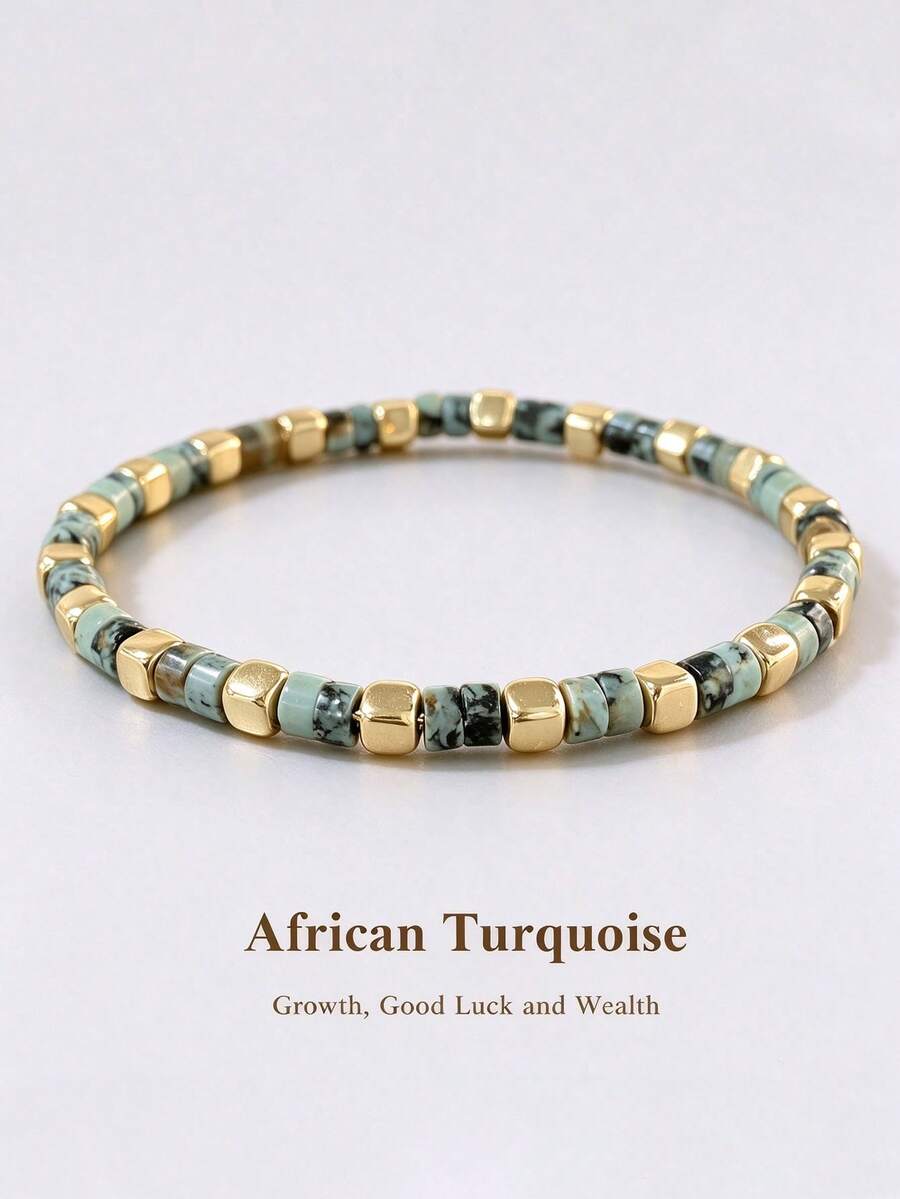 Natural Stone Spacer Bracelet With Square Beads, Ideal For Daily Wear - African Pine - View 1