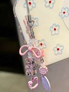 SANRIO 1pc Transparent Pink Tone Metal Charm Chain, Bow, Star, Flower & Openwork Pendant, Suitable For Phone, Bluetooth Earbuds, Bag, Water Bottle, Keychain, Camera And More, Valentine & Christmas Gift - Multicolor - View 2