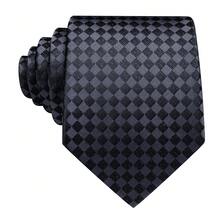 Men's Grey Small Check Tie Pocket Square Cufflinks Ring 4Pcs Set, Cufflinks Random Pattern, Wedding Business Suit Accessories - Grey - View 5