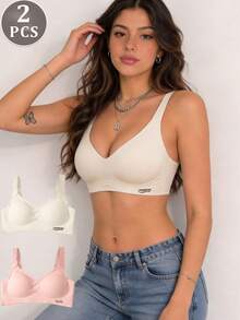 2pcs/Set Wireless Bras For Women, Seamless Lightly Lined Bras With Non-Removable Cups, Breathable & Skin-Friendly, Suitable For Sleeping And Daily Wear - Multicolor - View 1