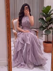 Gaun Maxi Wanita Mewah dari Organza dengan Leher Halter, Hem Berumbai, dan Tali Pengikat di Belakang, Cocok untuk Acara Formal dan Pesta Dansa - Dusty Pink - View 8