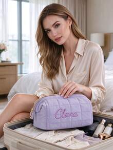 1pc Customized Embroidered Name Quilted Cosmetic Bag, Soft Puffer Makeup Storage Pouch, Bridesmaid Gift, Bridal Shower Wedding Favor, Travel Toiletry Bag For Women - Multicolor - View 3