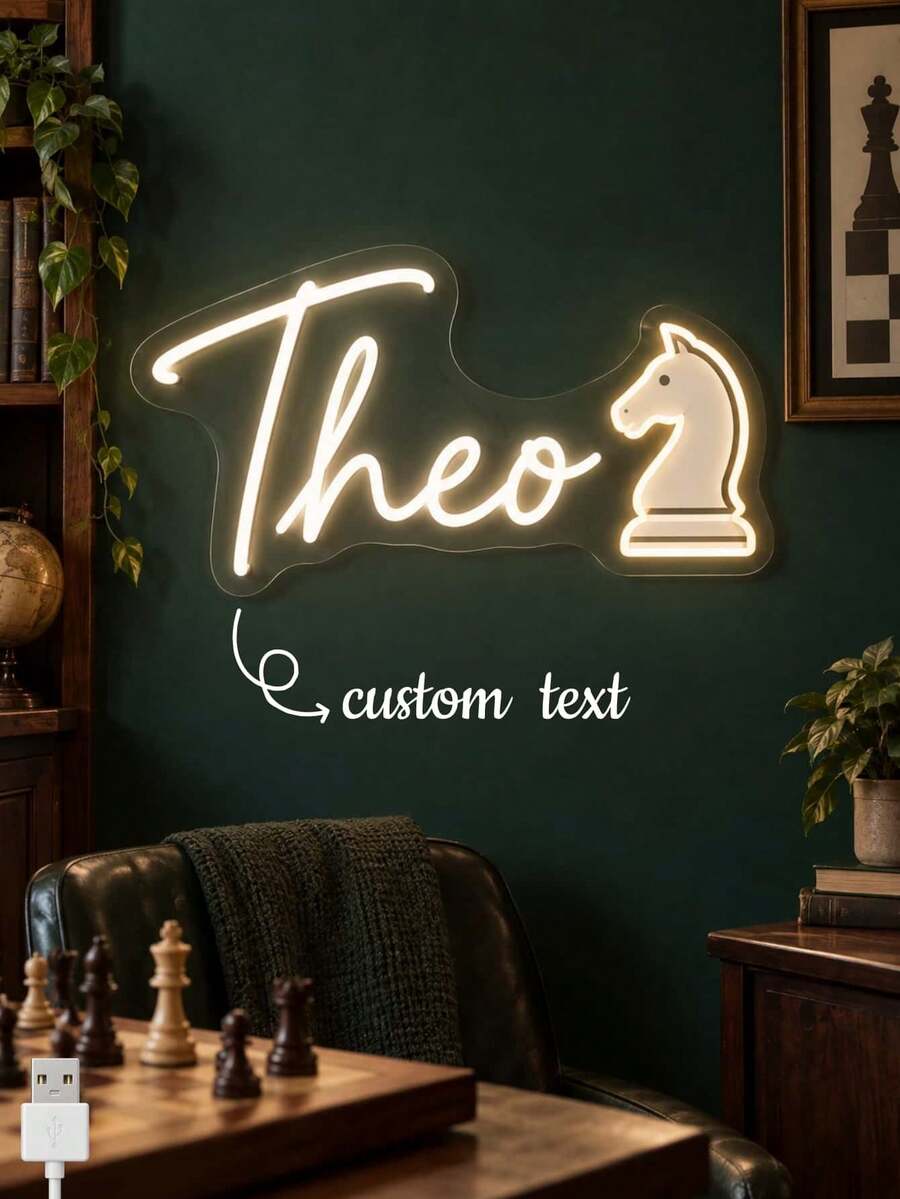 1PC Custom Name Chess Neon Sign, Personalized Chess Knight LED Wall Light, Custom Text Game Room Decor, USB Powered Light Up Sign For Bedroom, Study Room, Man Cave, Birthday Gift For Chess Lovers - Multi-color 2 - View 1