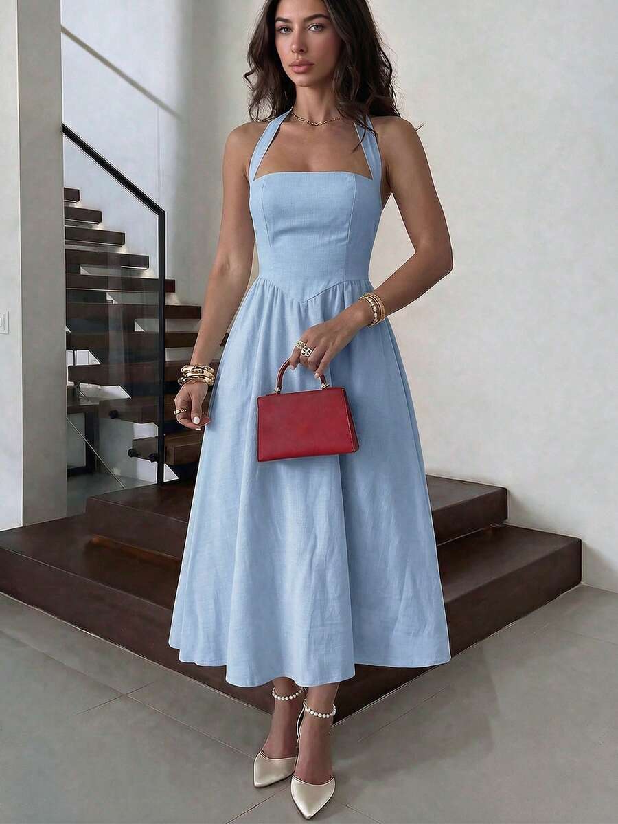 Unadoll Women's Autumn Blue Halter Neck Mid-Length Dress, Backless A-Line Skirt With Pockets Party Elegant Summer - Blue - View 1