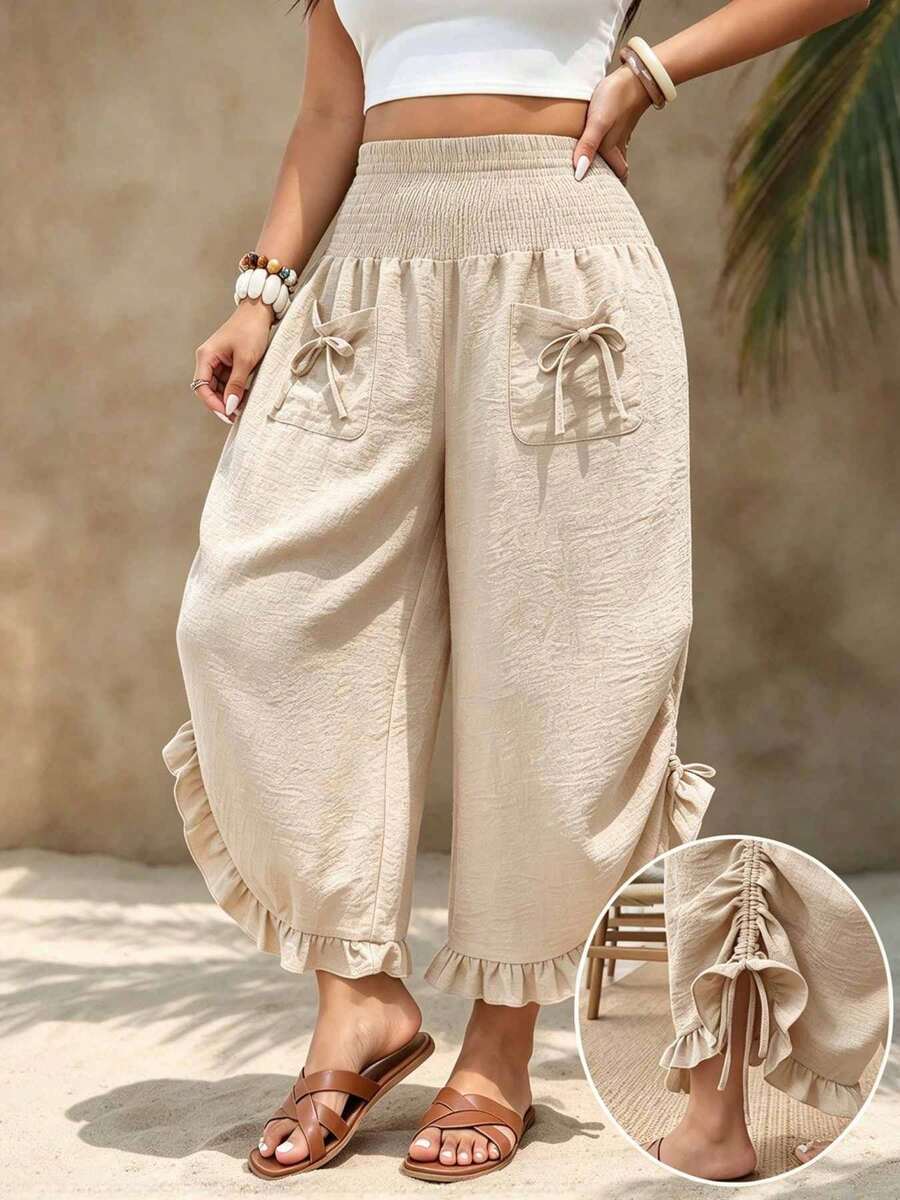 Plus Size Women's Bohemian Style Cropped Wide Leg Pants, Elastic Waistband With Knot Pocket And Ruffle Hem, Loose Fit Long Pants - Apricot - View 1