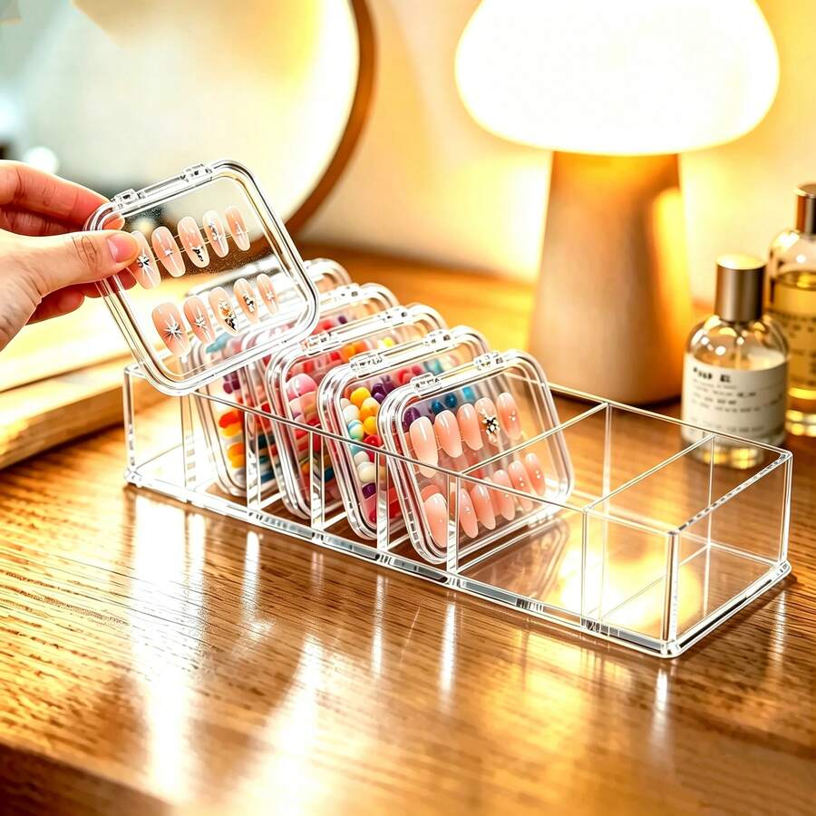1/2pcs 8-Grid Clear Acrylic Makeup Storage Organizer, Dust-Proof Press On Nail Storage Box, Desktop Cosmetic Display Holder For False Nails, Lipsticks, Small Jewelry, Vanity Table Decor, Home Bathroom Desktop Storage Container - Clear - View 1