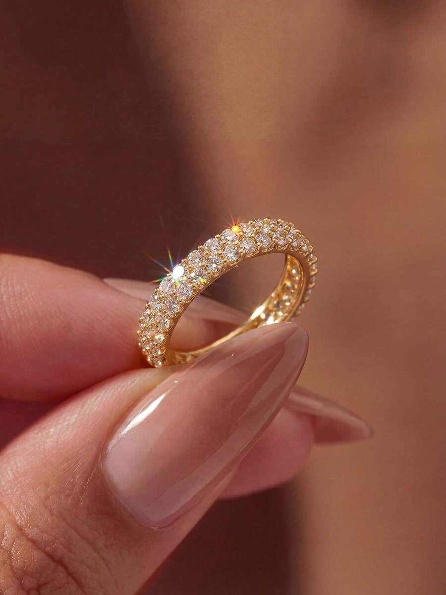 1pc Double Row Full Rhinestone Ring, Women's Daily Commute Decorative Ring, Party Accessory, High Quality Women's Ring, Exquisite Jewelry Gift