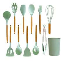 Set de Utensilios de Cocina Silicona Mango Madera, Kit Completo Resistente al Calor con Cuchara Pala y Organizador, Herramientas para Cocinar - Negro - Ver 2