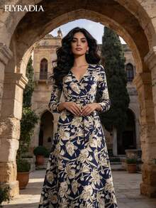 ELYRADIA Robe longue élégante pour femme - Robe maxi moulante col V avec fente latérale, imprimé floral, manches longues et taille à cordon, parfaite pour les occasions formelles d'automne - bleu indigo - Voir 3