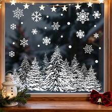 2Pcs/1pc Christmas Static Window Clings,Snowy Pine Forest & Snowflake Window Stickers,Winter Forest Scene Glass Decor,Suitable For Home,Shop - Multicolor - View 2