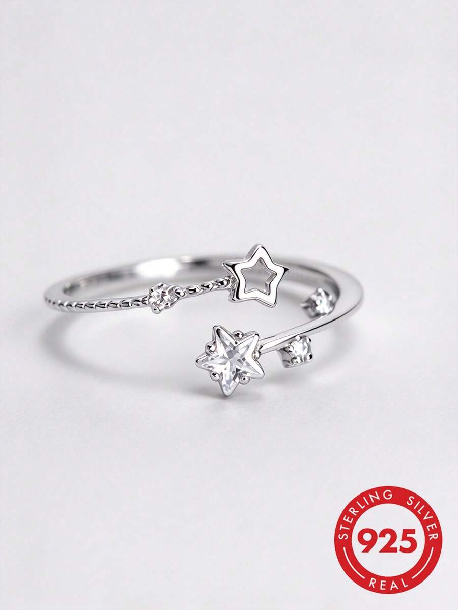 HuooNew 1pc Minimalist 925 Sterling Silver Cubic Zirconia Star Adjustable Open Ring, Gift For Women - Silver - View 1