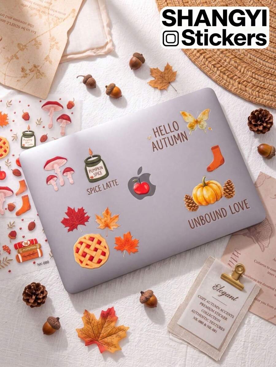 1Set Warm Autumn Theme Decorative Stickers, Pumpkin, Maple Leaf, Mushroom, Nut Patterns, Suitable For Computer, Camera, Phone Case, Decorate Devices With Cozy Autumn Style - T2/080+081 - View 1