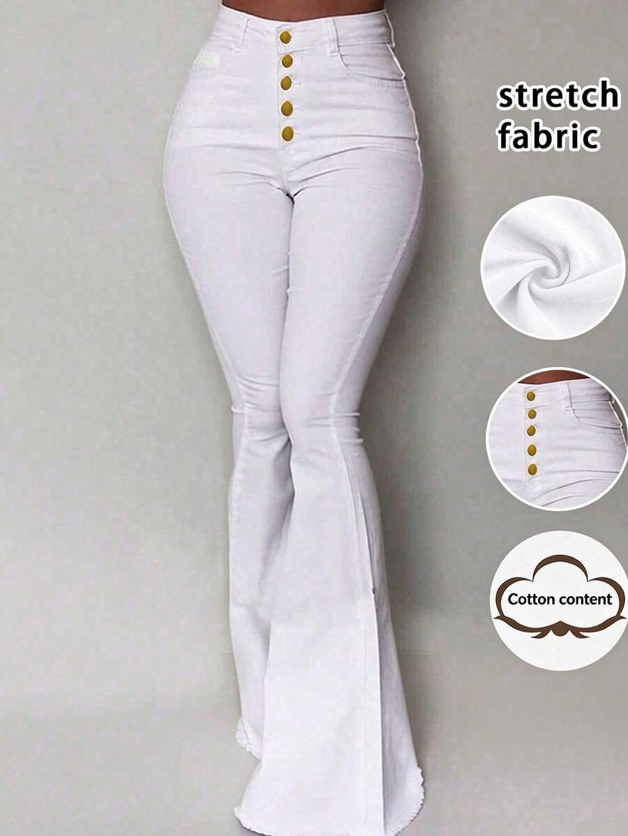Women's High Waist Button Flare Jeans - Slim Fit Fashion - Autumn Apparel - Valentine's Day Casual Spring White Fall