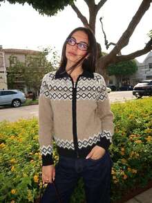 Cozy Women Long Sleeve Zip Up Cardigan Sweater Featuring A Classic Boho Geometric Pattern And A Fold Down Collar Ideal For Fall And Winter Weather - Coffee Brown - View 3