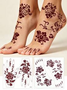 2pcs Brown Vintage Floral Henna Tattoo Set, Symmetrical Large Floral Mehndi Temporary Tattoos For Hands And Feet, Suitable For Music Festivals, Weddings, Eid Parties, Body Art, Formulated Without Henna - Brown - View 10