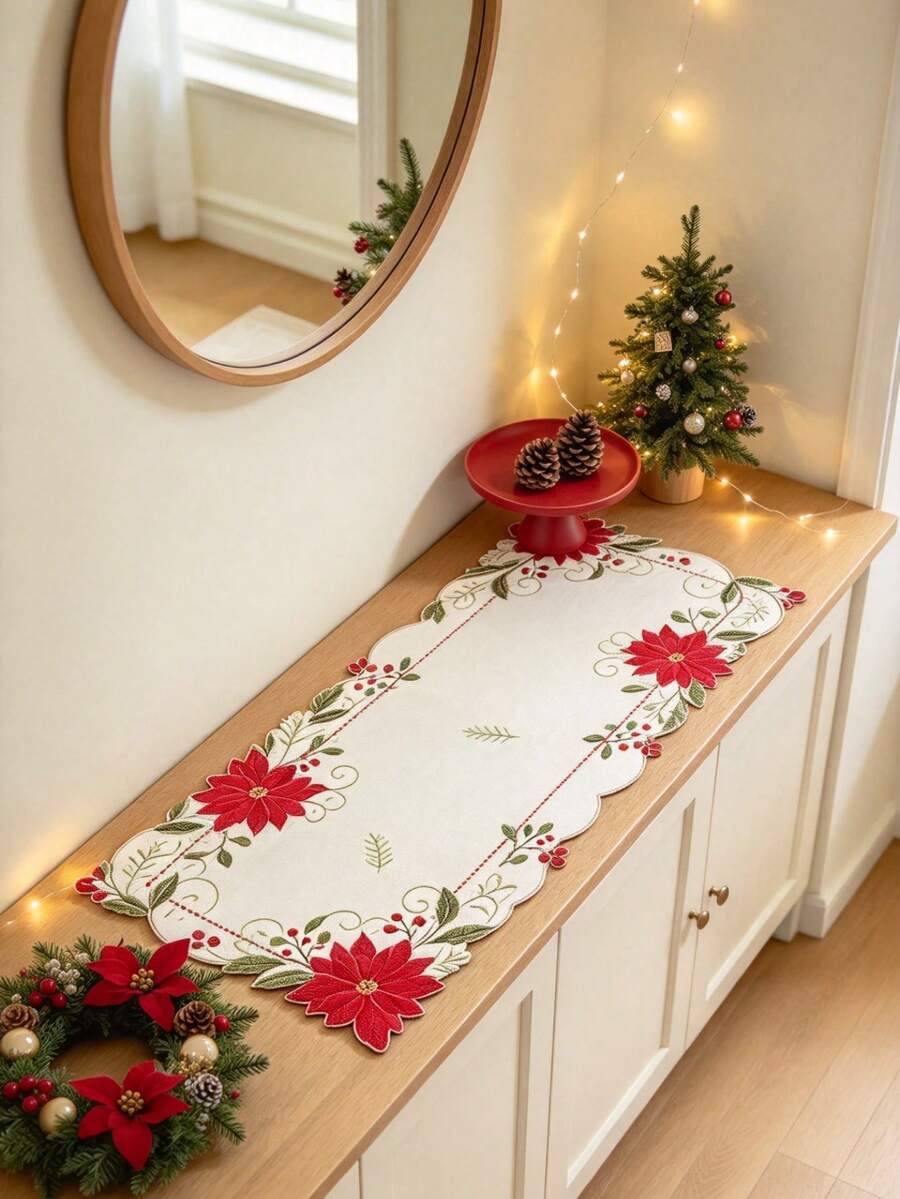 1PC 100% Polyester Embroidered Poinsettia Christmas Table Runner, White Fabric Table Runner With Red Floral Holly Berry For Xmas Tabletop Decoration - Multicolor - View 1