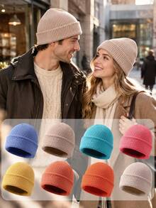 1pc Solid Color Folded Brim Knit Hat, Adult Autumn/Winter Warm Versatile Woolen Beanie - A - View 1