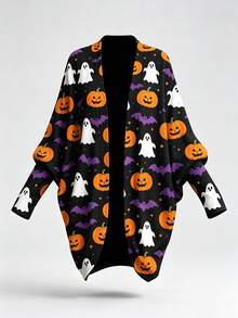 Women's Halloween Pumpkin Ghost Bat Print Cardigan Long Sleeve Loose Knit Sweater - Black - View 7