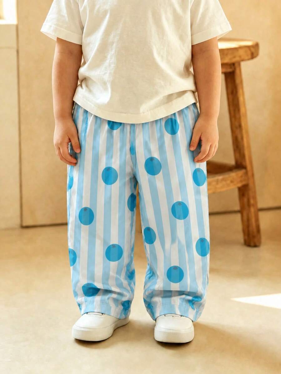 1件幼童清新藍色條紋卡通波點透氣直筒長褲,小男孩下身褲,百搭圖案服飾 - 藍色 - 查看 1