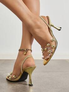 Women's Transparent High Heel Sandals With Gold Metal Rivet Decor And Back Ankle Strap, Elegant Fashionable Comfortable, Suitable For Banquet, Vacation, Outdoor Wear - Gold - View 5