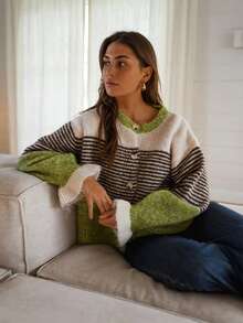 Fall/Winter Women's Fashion Contrast Color Knit Cardigan, Dropped Shoulder Long Sleeve Ribbed Detail, Autumn/Winter Essential Cardigan Sweater, Suitable For Daily Wear, Shopping, Casual Home, Attending Sister Gatherings, Simpleoutfit, Winterfashion, Falloutfits, Highfashion - Green - View 5