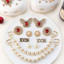 12pcs Gold Red Rhinestone Pearl Clog Shoe Charms ABS Butterfly Rhinestone Pearl Chain Shoe Decorations DIY Shoe Accessories For Women And Girls - Gold Red Diamond Pearl Style - 12PCS - View 5