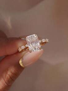1pc Rectangular Eye-Shaped Ring, Women's Jewelry, Zirconia Inlaid, Luxurious & Exquisite, Wedding Engagement Ring Gift - Gold - View 4