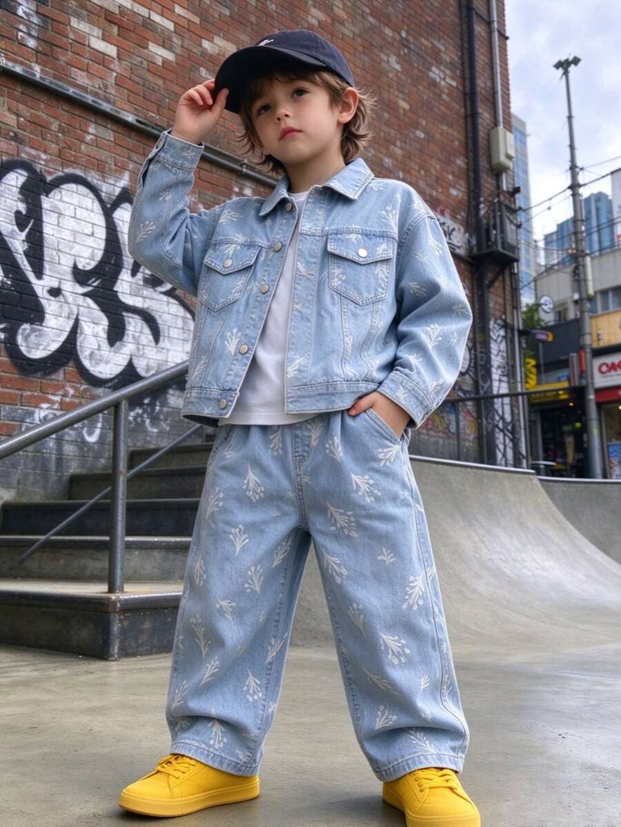Boys' Toddler Autumn Denim Jacket & Long Pants 2 Pieces Set, Suitable For Daily, School, Outdoor, Casual Wear