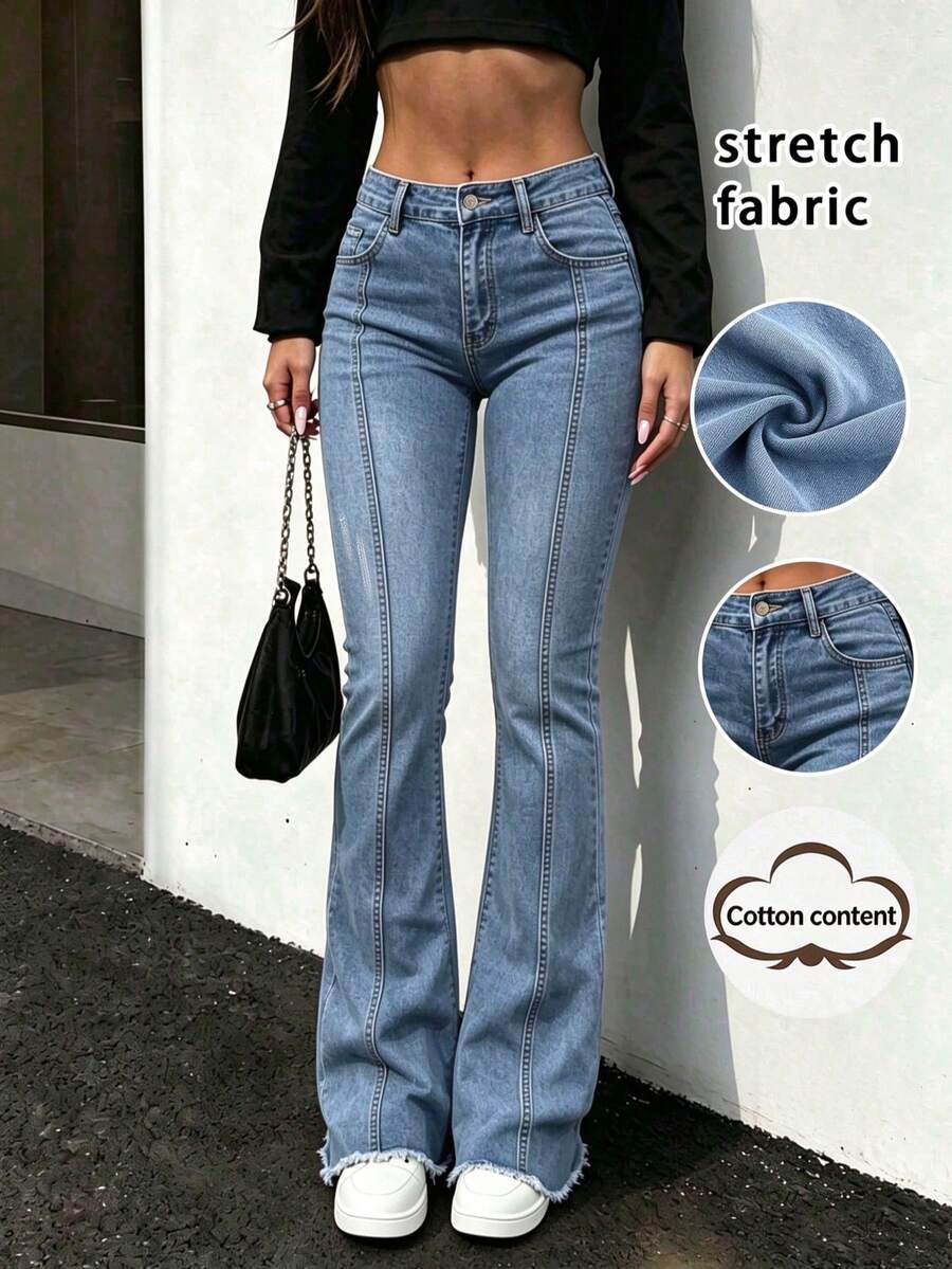 Women's Mid-Waist Button Flare Jeans - Casual Fashion, Stretch Slim Fit - Autumn Women's Clothing Fall