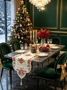 1pc 100% Polyester Embroidered Lace Christmas Table Runner With Tassels, Semi-Transparent Bell Flower Pattern, Christmas Tabletop Decor - Multicolor - View 8