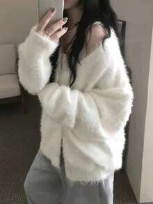 Soft Fluffy V-Neck Cardigan Sweater, Loose Fit Slimming Knit Open Front Jacket - White - View 4