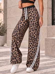 Celana Panjang Wanita Motif Leopard Kaki Lebar dengan Tali Serut dan Garis Putih Dua Sisi, Celana Kasual Longgar - Coklat - View 4