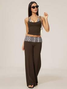 TimeOff Women's One Set Snake Skin Print 2 In 1 Patchwork V-Neck Halter Tank Top Folded Waist Wide Leg Pants Running Sports Outfit - Brown - View 8