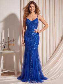 Sequin Mermaid Tulle Formal Dress, Elegant For Gala, Wedding Guest, Graduation Ceremony, Evening Party Fall - Royal Blue - View 2