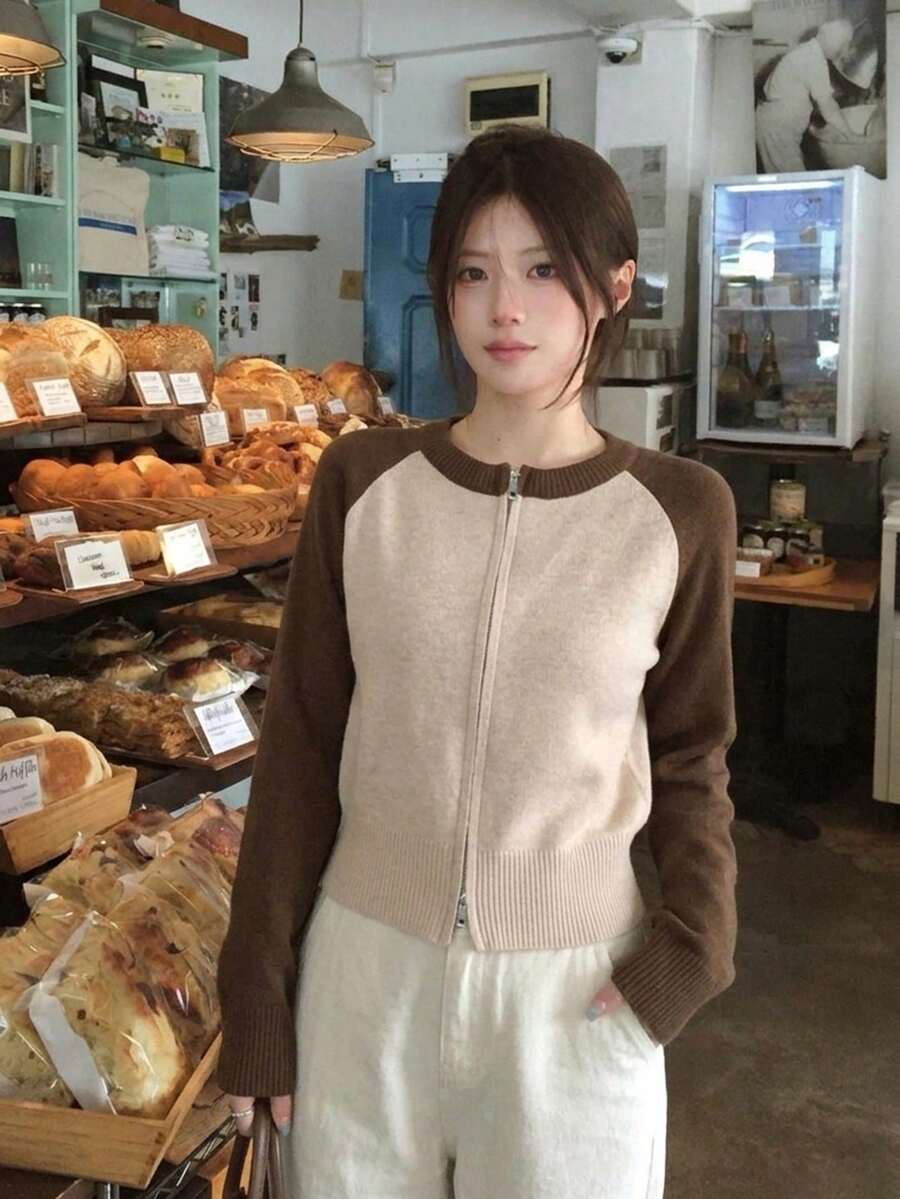 Cardigan Sweater dengan Trim Kontras, Kerah Bulat, Resleting Dua Arah, Potongan Pendek, Lengan Panjang, Rajutan Lembut, Warna Beige, Atasan Kasual Chic untuk Berlapis di Musim Gugur/Dingin - Aprikot - View 1