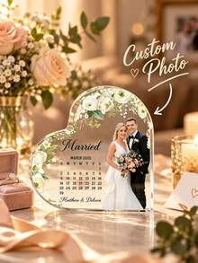 Personalized Heart-Shaped Acrylic Decorative Plaque, Wedding Cake Decoration, Engagement Gift, Couple Wedding Anniversary Calendar Decorative Plaque, Wedding Accessory Decoration, Customized Souvenir, Engraved - Wedding Heart Shaped Card Brick - View 1