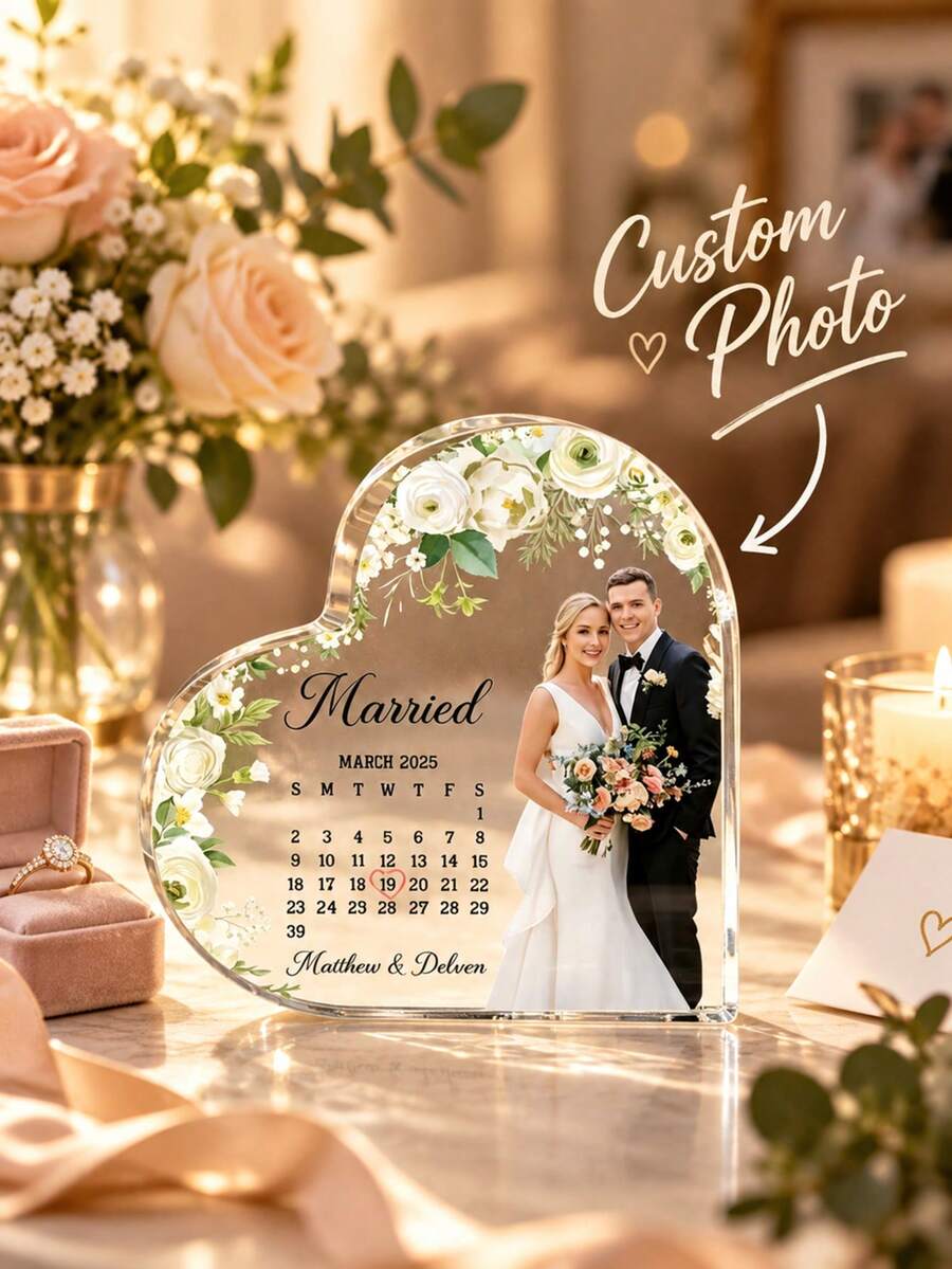 Personalized Heart-Shaped Acrylic Decorative Plaque, Wedding Cake Decoration, Engagement Gift, Couple Wedding Anniversary Calendar Decorative Plaque, Wedding Accessory Decoration, Customized Souvenir, Engraved - Wedding Heart Shaped Card Brick - View 1