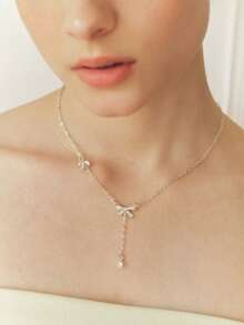 Sorayune 1pc Women's Rhinestone Bow Pendant Necklace, Suitable For Daily Wear - Silver - View 1