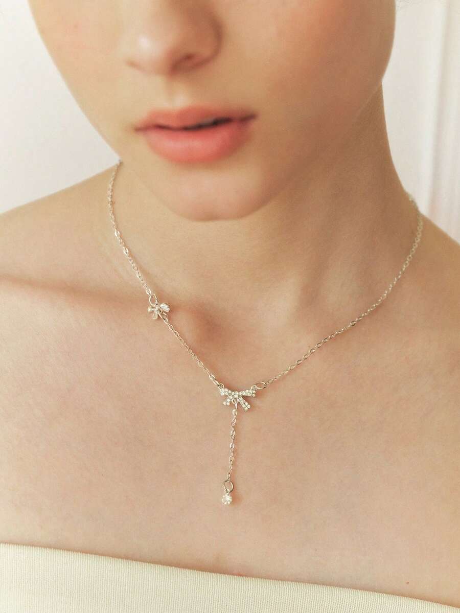 Sorayune 1pc Women's Rhinestone Bow Pendant Necklace, Suitable For Daily Wear - Silver - View 1